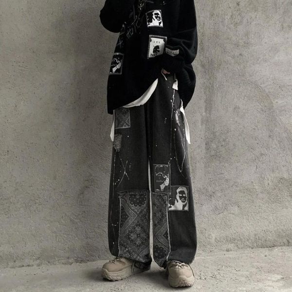 

women's pants & capris personality hip hop street deconstruction patch west cashew flower straight leg washed vintage jeans men's, Black;white