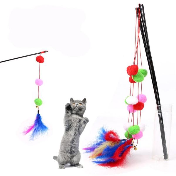 

cat toys funny toy fishing rod katten pet stick teaser rainbow streamer interactive play wand with feather for cats