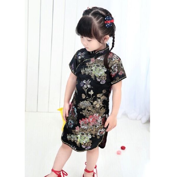 Pfingstrose Schwarz Mädchen Mode Kleid Neujahr Geschenk Chinesischen Qipao Für Junge Mädchen 2-16Years Mädchen Vestidos Kinder Kleidung Top Qualität 210413