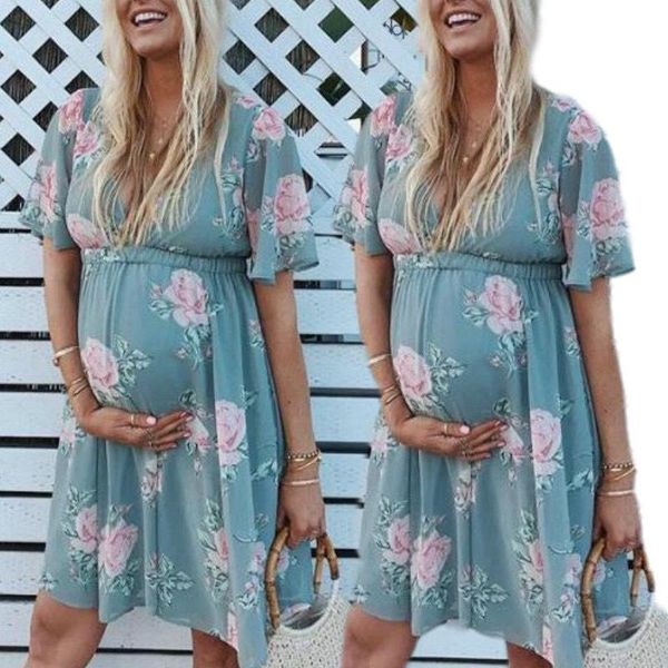 

maternity dress summer style european and american women's printing waist wild v-neck pw20 dresses, White