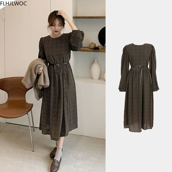 

casual dresses chic korea fashion womens feminine vestidos long sleeve elegant lady floral printing retro vintage n2419 bl8s, Black;gray