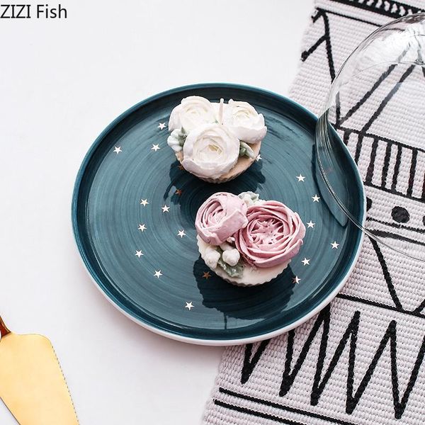 

nordic style round ceramics cake pan glass cover wedding dessert display tray with lid home tool baking & pastry tools