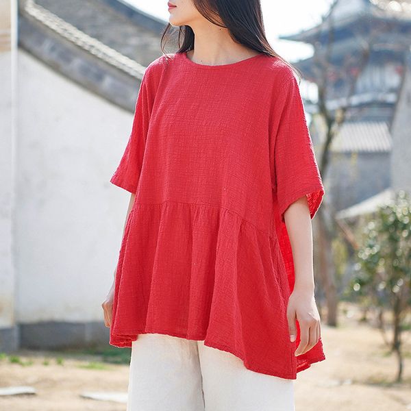 

johnature casual style cotton linen women t-shirt summer half-sleeves solid color women vintage t-shirt 210521, White