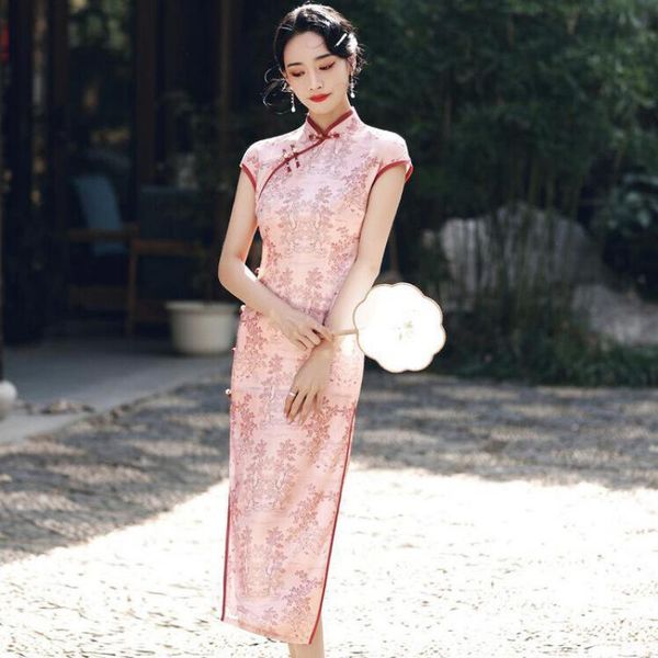 

ethnic clothing lady flower slim cheongsam short sleeve wedding party dress plus size 3xl 4xl mandarin collar qipao 2021 long vestidos, Red