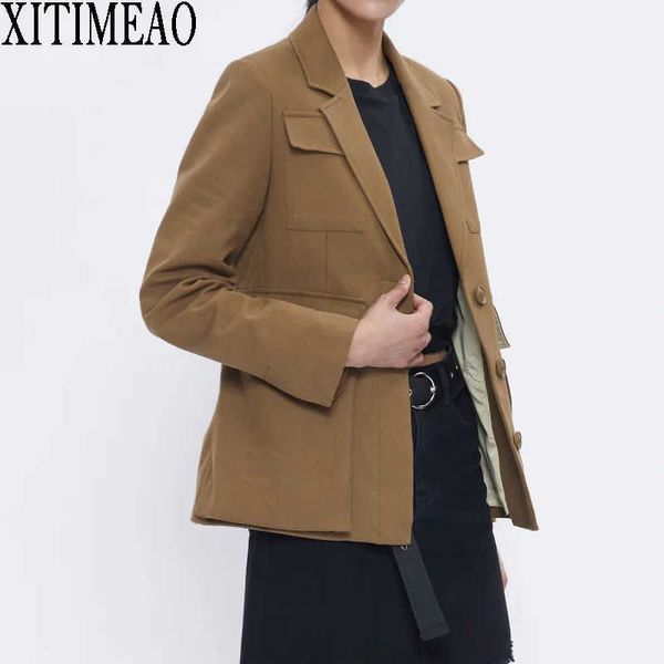 

xitimeao women fashion casual coat wear blazers vintage long sleeves pockets female outerwear chic 210604, White;black