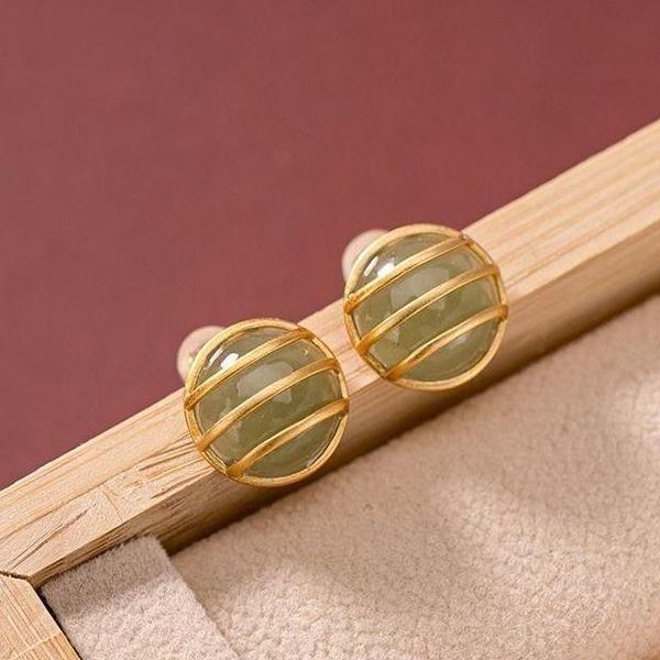 

stud original silver inlaid natural hetian chalcedony earrings chinese style retro round cool breeze fresh charm lady jewelry, Golden;silver