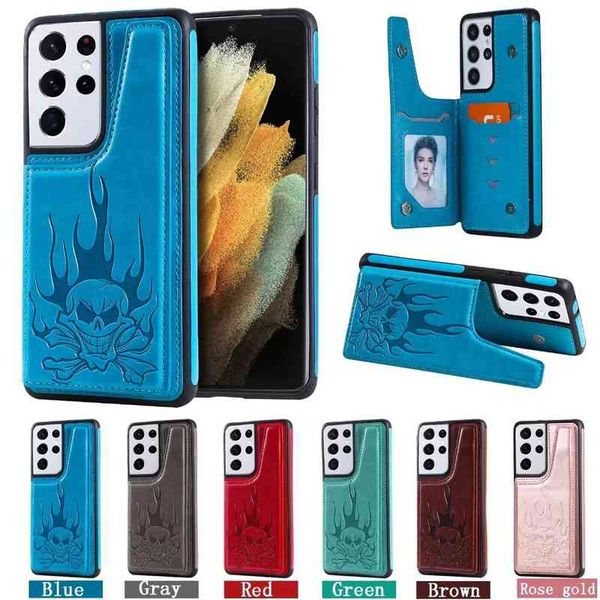 

pu leather phone cases for samsung galaxy note20 s21 s20 ultra note10 s10 plus, dual buckle skull pattern shockproof stand case with p