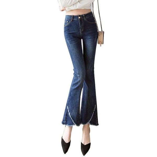 

women's jeans flare pants women vintage denim ladies high waist fashion stretch pocket trousers ankle-length wide leg, Blue