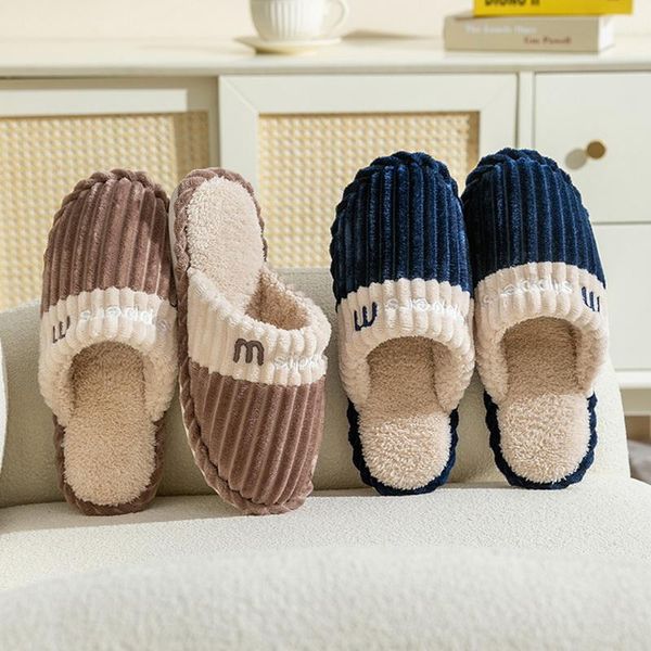 

slippers bedroom cotton 2021 simple women winter stripe warm plush shoes ladies house slides couples flip flops zapatilla mujer, Black