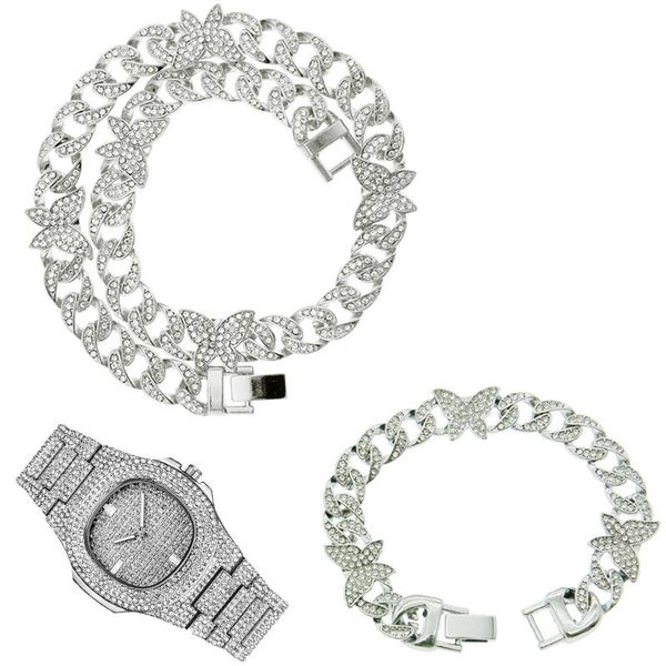 

chains 12mm 3pcs kit hip hop iced out paved rhinestones full miami curb butterfly cuban cz necklace+watch+bracelet for women jewelry, Silver