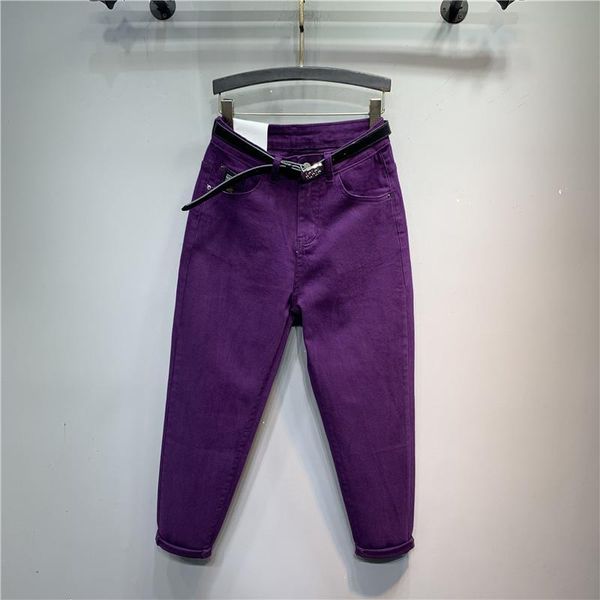 

women's jeans korea-style purple casial denim trousers 2021 spring autumn loose cotton elastic pencil jean high waist harem pants women, Blue
