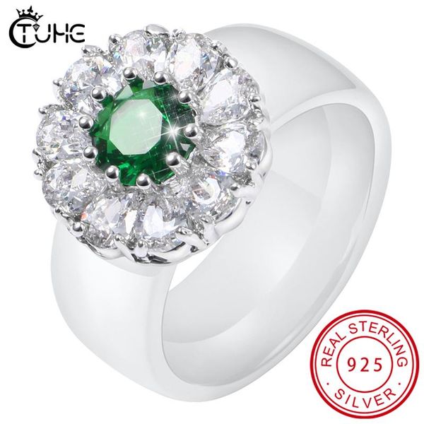 

cluster rings luxury real solid 925 sterling silver ring 8mm ceramic green white zircon wedding jewelry engagement for women, Golden;silver