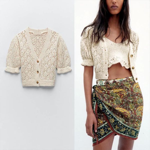 

za knit cardigan women short womens sweaters puff sleeve v neck vintage spring cropped woman hollow out knitted top, White;black