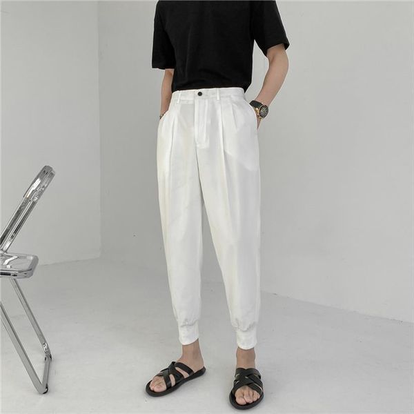 

summer white suit korean stylish women pants trousers male elastic waist solid tapered ankle length casual man, Black