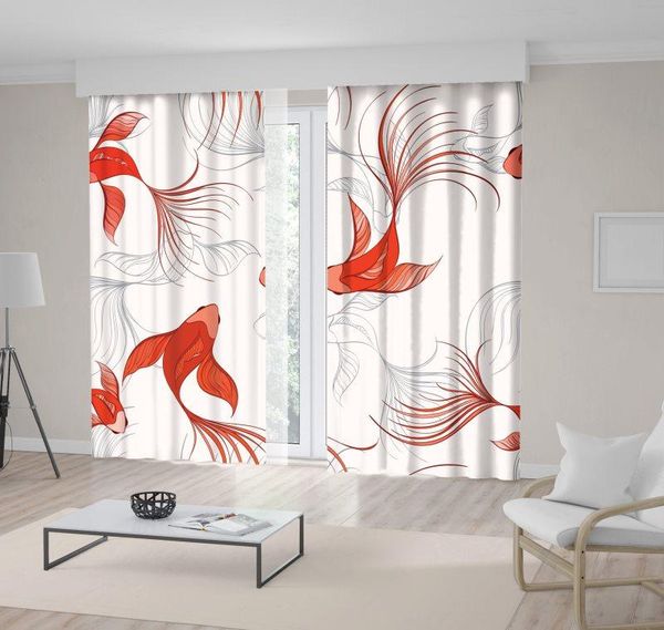 

curtain & drapes koi carps fish marine nautical oriental painting style art printed white orange