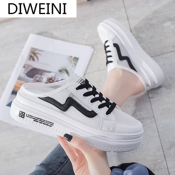 

women shoes spring mesh breathable casual fashion comfortable baotou half slippers round head vulcanized, Black