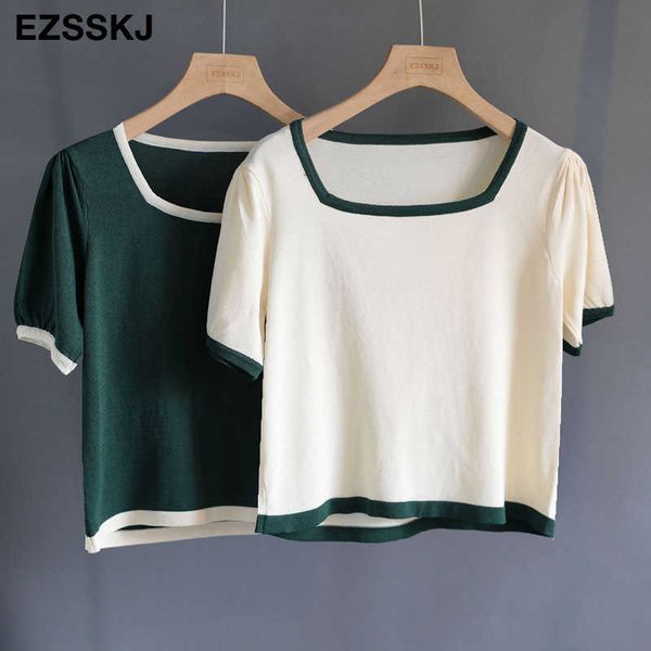 

spring summer crop knit o-neck basic looset-shirt casual loose baisic short t-shirt knitted t-shirt female y0621, White