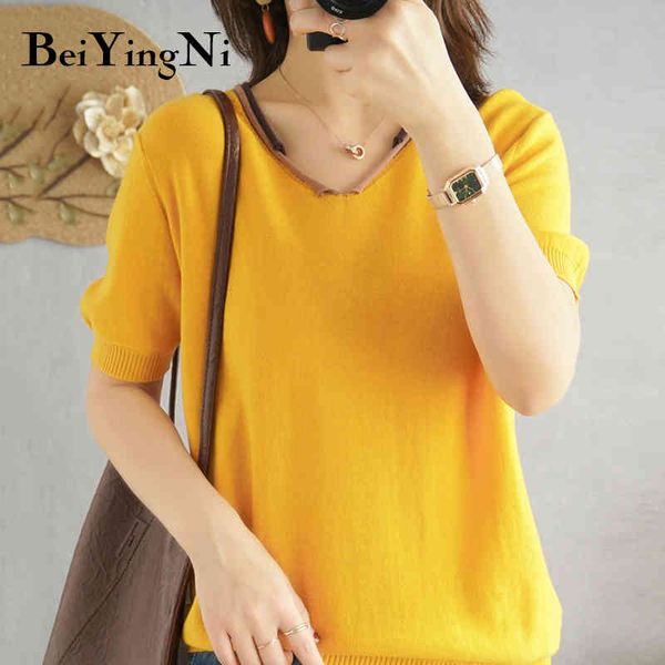 Beiyingni T-shirt lavorata a maglia in lino di cotone da donna T-shirt allentata per il tempo libero con piegatura alta elastica T-shirt da donna a vita bassa Tshirt da donna Top Roupas 210416