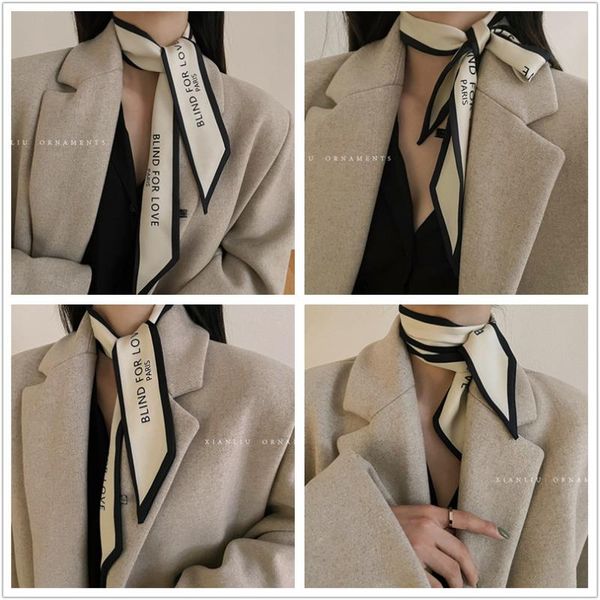 

scarves french small long silk scarf hair band 2021 fashion autumn and winter style foreign versatile letter, Blue;gray
