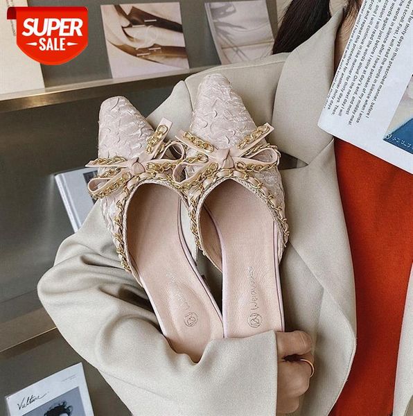 

slippers women women's shoes korean style pointed toe baotou half drag bow thick heel low sandals and #if56, Black