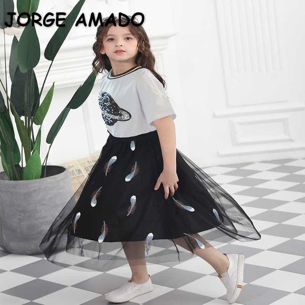 

wholesale summer teenagers girls 2-pcs sets cartoon universe t-shirts + feather skirt teen clothing e539 210610, White