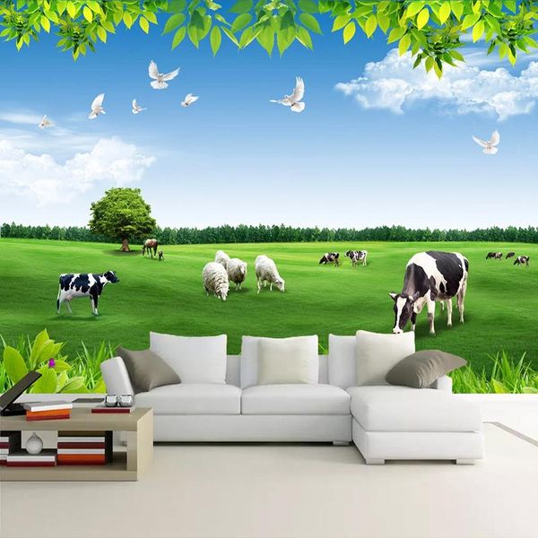 

wallpapers drop custom wall mural paper blue sky white clouds cows grassland natural scenery 3d po living room wallpaper