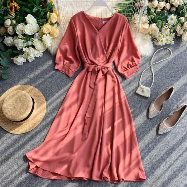 

summer dress solid v neck womens cami half sleeve bandage vestidos chic elegant a line high waist midi long, White