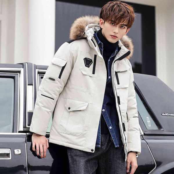 

men casual 90% white duck snow coat overcoat removable cap thicken men's down jackets big real fur collar warm parka -30 degrees, Black