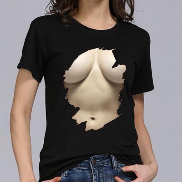 

fashion women's summer casual short-sleeved creative simulation big chest printing o-neck pure black t-shirt 2021, White