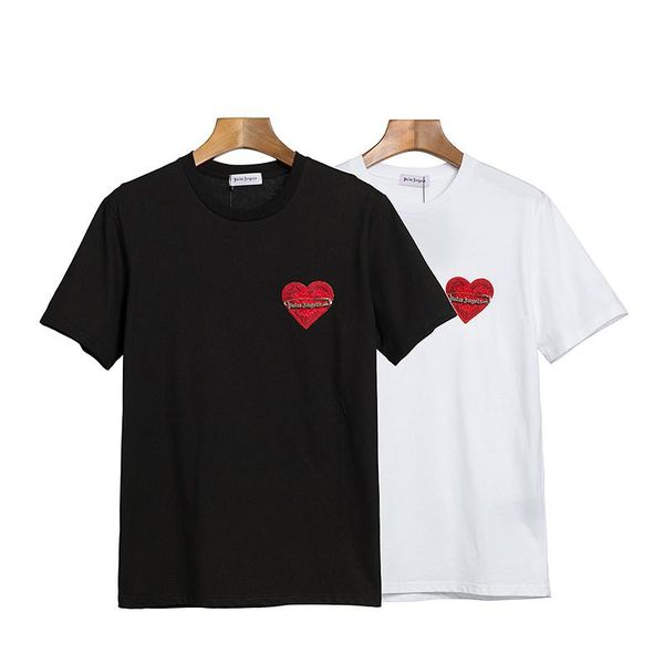 

pure color love button pin men and women short sleeve couple loose t-shirt high street hip hop men's t-shirts, White;black