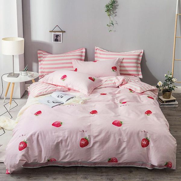 

bedding sets four-piece simple cotton double household bed sheet quilt cover thickening sanding dormitory sheetp strawberry pink