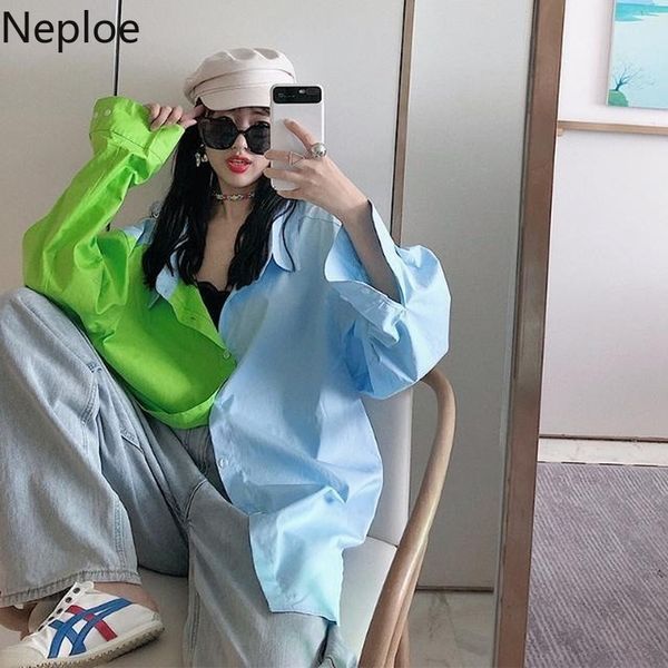 

neploe blouses women loose casual korean spring turn down collar long sleeved blusas mujer patchwork contrast color shirts 210422, White