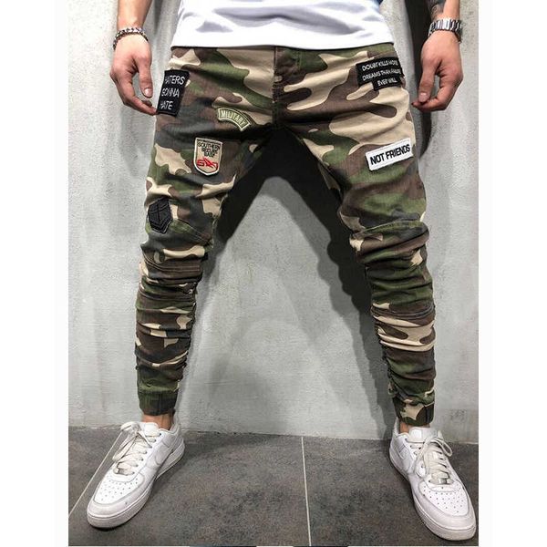 

fashion high street men's badge jeans casual cargo pants camouflage army pencil pants hip hop ankle zipper jogger pants men 210709, Blue