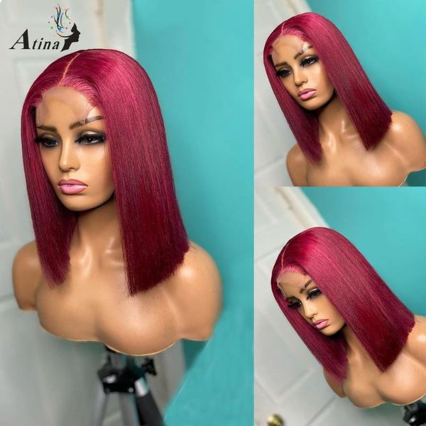 

remy blunt cut short straight bob 99j burgundy colored human hair wigs red preplucked hd transparent bleached glueless 150% lace, Black;brown
