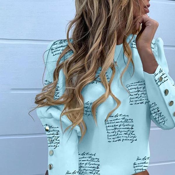 

puff shoulder women shirts blouses office lady spring metal buttoned detail blouse letters print long sleeve, White