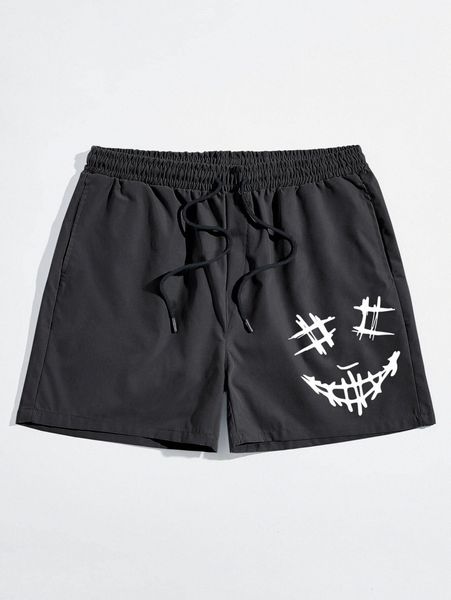 

romwe guys graphic drawstring shorts f2q1#, Black