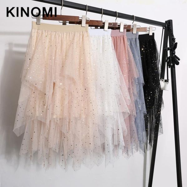 

skirts kinomi 2021 spring summer star sequined mesh a-line tulle elegant long pleated high waist korean style, Black