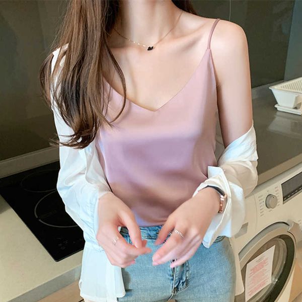 

korean fashion silk women camis tank woman sleeveless satin halter plus size strap 210604, White