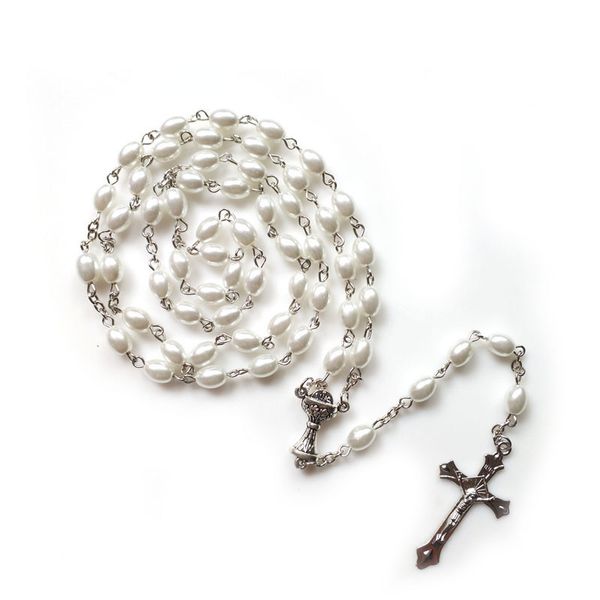 

white imitation pearl rosary cross pendant neckalce for men women vintage holy grail religious wedding jewelry, Silver
