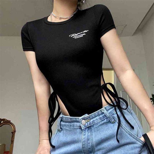 

letter print ribbed side hollow out lace-up black bodysuit women short sleeve high waist white bodies femme streetwear 210510, Black;white
