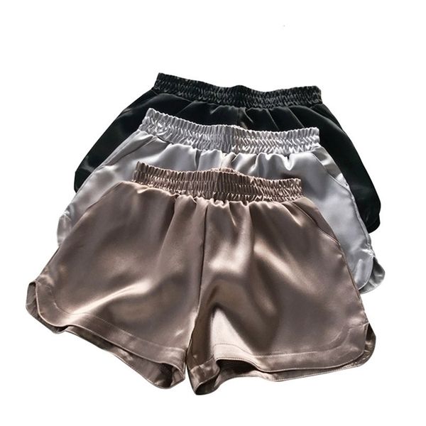 

summer casual women bottoms women satin shorts faux silk shorts shiny glitter wide leg short trouser mid waisted 914-a079 t200701, White;black