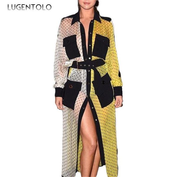 

casual dresses lugentolo women long sleeve dress belt wave dot turn-down collar straight single-breasted ankle-length office lady womens, Black;gray