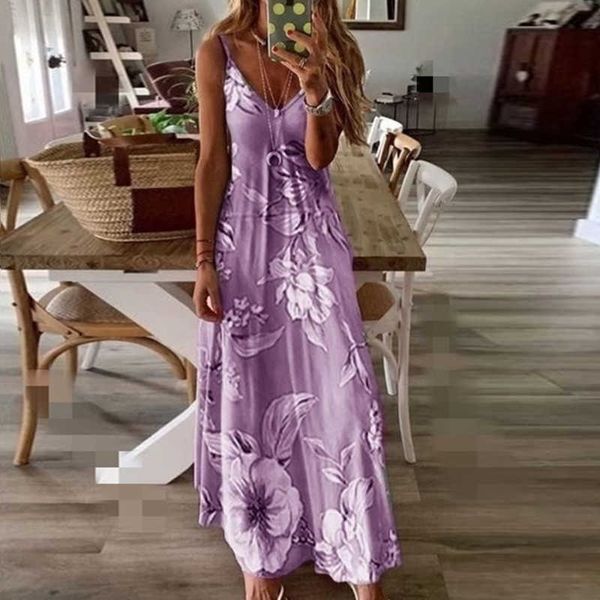 

summer women's dress boho deep v neck gradient floral print beach maxi sundress casual loose party dress robe oversize 210712, Black;gray
