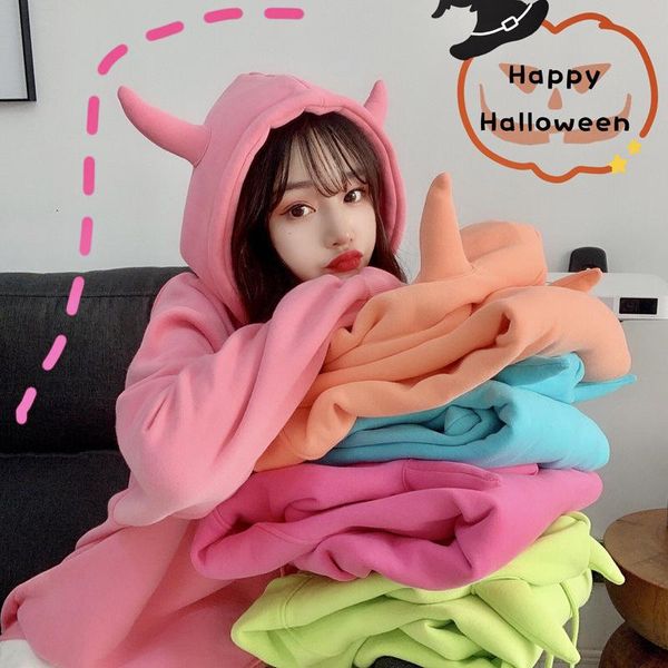 

women's hoodies & sweatshirts zogaa 2021 spring devil horn hooded sweatshirt women plus velvet warm loose harajuku friends match cute p, Black