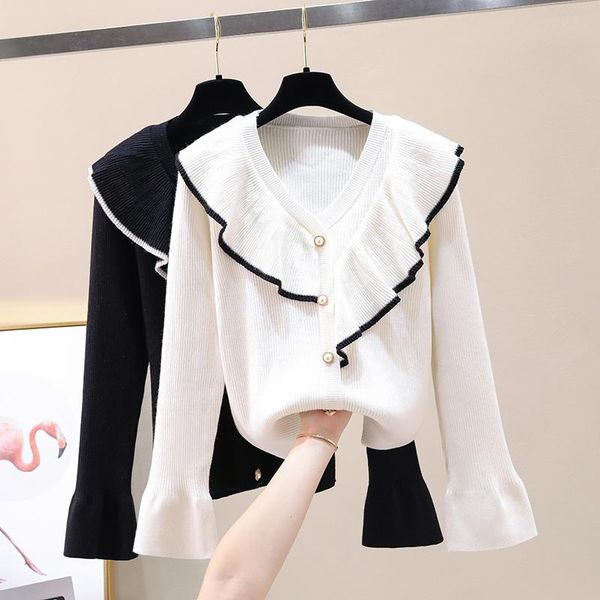 

women's sweaters 2021 autumn arrival korean modis ruffles pullover long sleeve knitted sweater women black white, White;black
