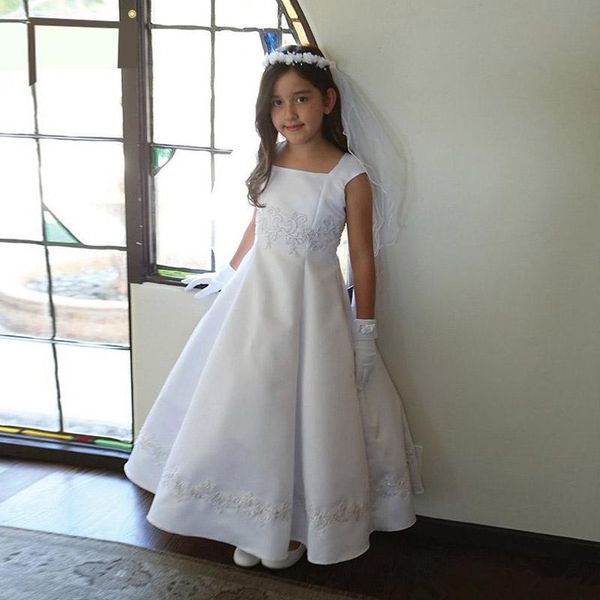 

girl's dresses white ivory princess satin flower girls dress square neck cap sleeves appliques ruched ankle length christening first co, Red;yellow