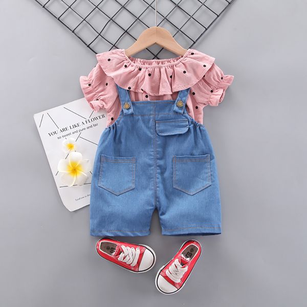 

new good quality factory price fashion selling childrens denim bib polka dot ruffled short-sleeved shirt two-piece suit, White
