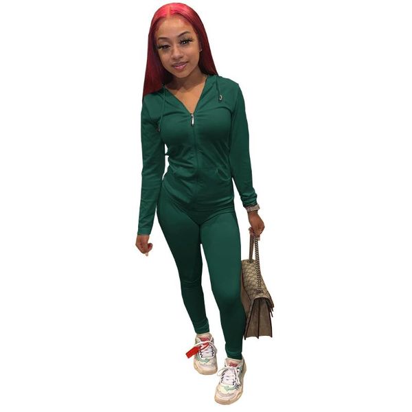 

women's two piece pants donsignet fashion suit autumn casual hooded collar zipper solid color slim pocket sports two-piece, White