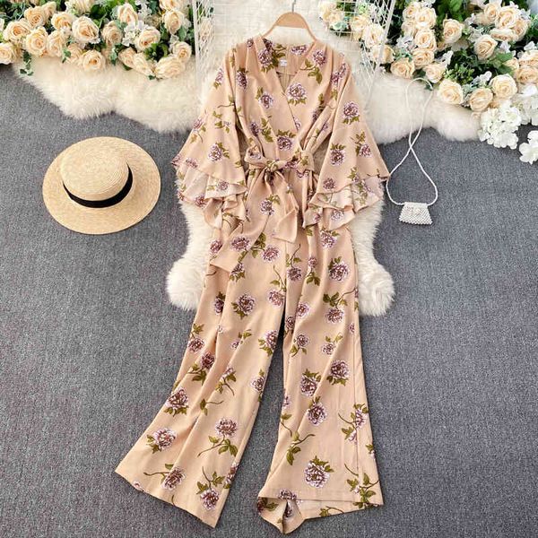 

women boho floral jumpsuits korean slim v neck flare sleeve bow sashes rompers spring print wide leg long rompers 210419, Black;white