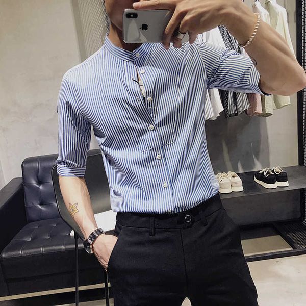 

summer striped shirts for men stand-up collar slim fit casual shirt male business dress office work shirts camisa masculina 210527, White;black